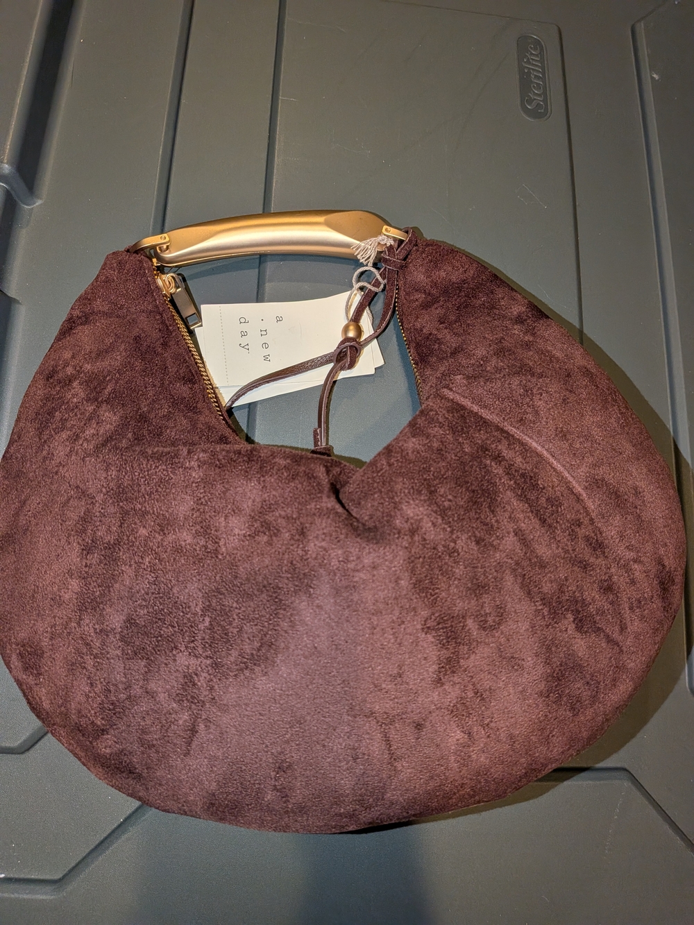 A New Day Suede Hobo Bag in Deep Brown with Gold Handle